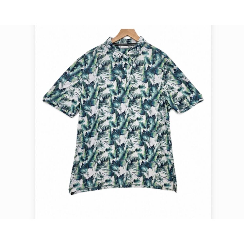 7 DIAMONDS Mens L Rue 4 Way Stretch Golf Polo Shirt Palm Leaves Print